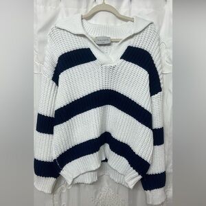 Hausen Striped Chunky Knit Collared Sweater | Navy & White | Size S/M